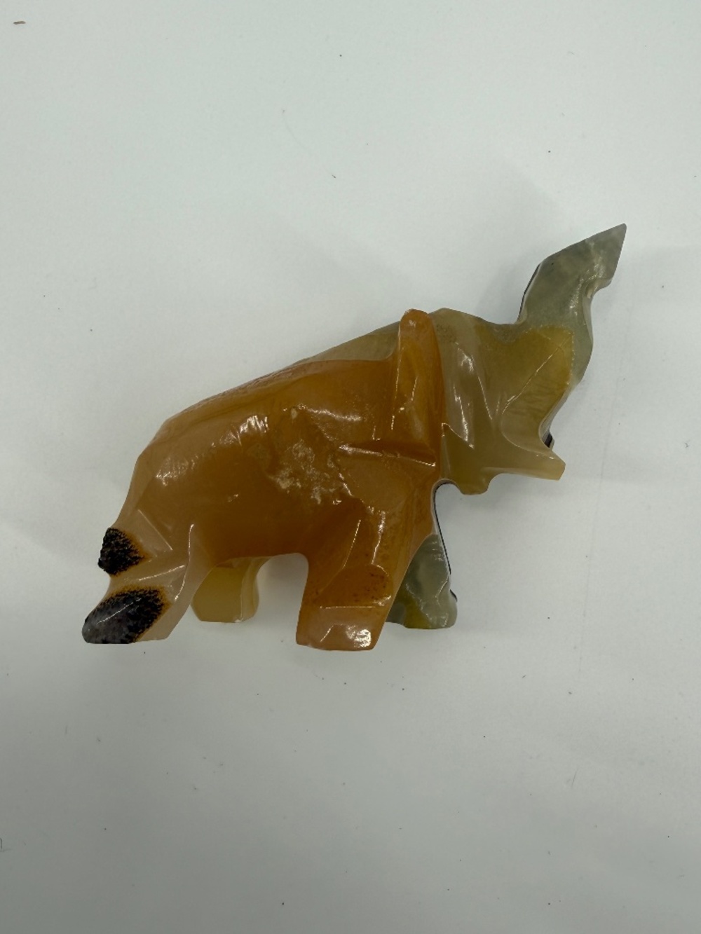 Vintage Carved Banded Onyx Elephant Figurine Trunk Up Good Luck Stone Animal